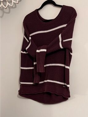 Hollister Women's Burgundy Striped Waffle Knit Sweater